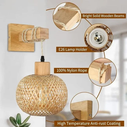 Bamboo wall lamp with lantern shape hand-woven lampshade, E26 lamp base, compatible with bedrooms and living rooms