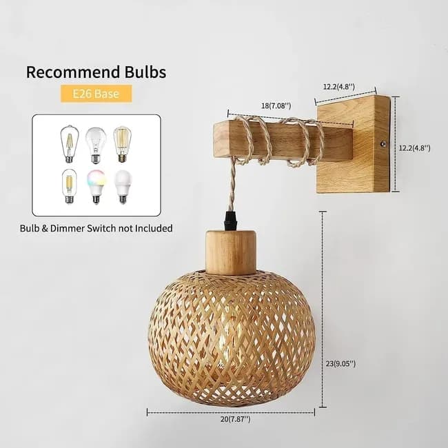 Bamboo wall lamp with lantern shape hand-woven lampshade, E26 lamp base, compatible with bedrooms and living rooms