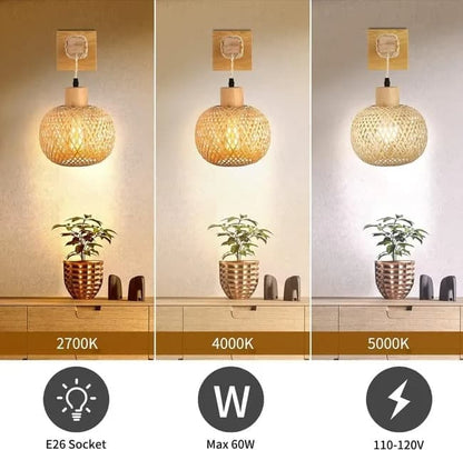 Bamboo wall lamp with lantern shape hand-woven lampshade, E26 lamp base, compatible with bedrooms and living rooms