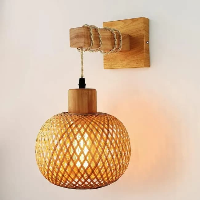 Bamboo wall lamp with lantern shape hand-woven lampshade, E26 lamp base, compatible with bedrooms and living rooms