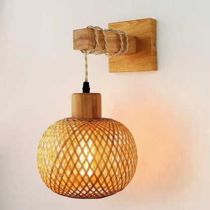 Bamboo wall lamp with lantern shape hand-woven lampshade, E26 lamp base, compatible with bedrooms and living rooms