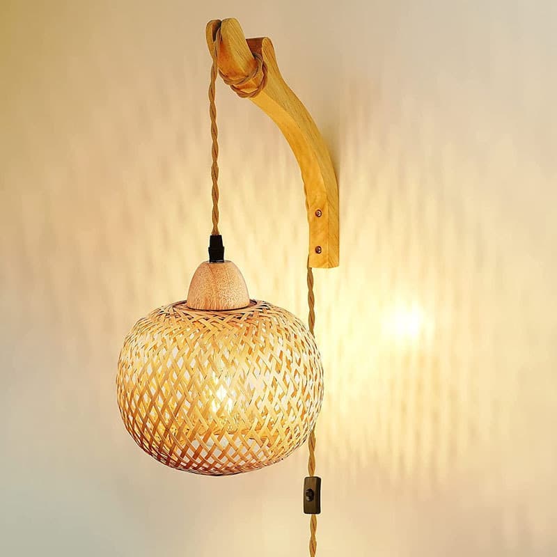 Bamboo wall lamp with lantern shape hand-woven lampshade, E26 lamp base, compatible with bedrooms and living rooms