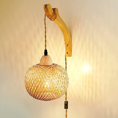 Bamboo wall lamp with lantern shape hand-woven lampshade, E26 lamp base, compatible with bedrooms and living rooms