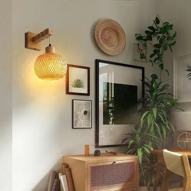Bamboo wall lamp with lantern shape hand-woven lampshade, E26 lamp base, compatible with bedrooms and living rooms