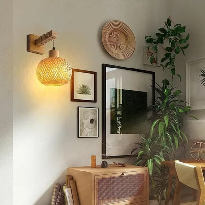 Bamboo wall lamp with lantern shape hand-woven lampshade, E26 lamp base, compatible with bedrooms and living rooms