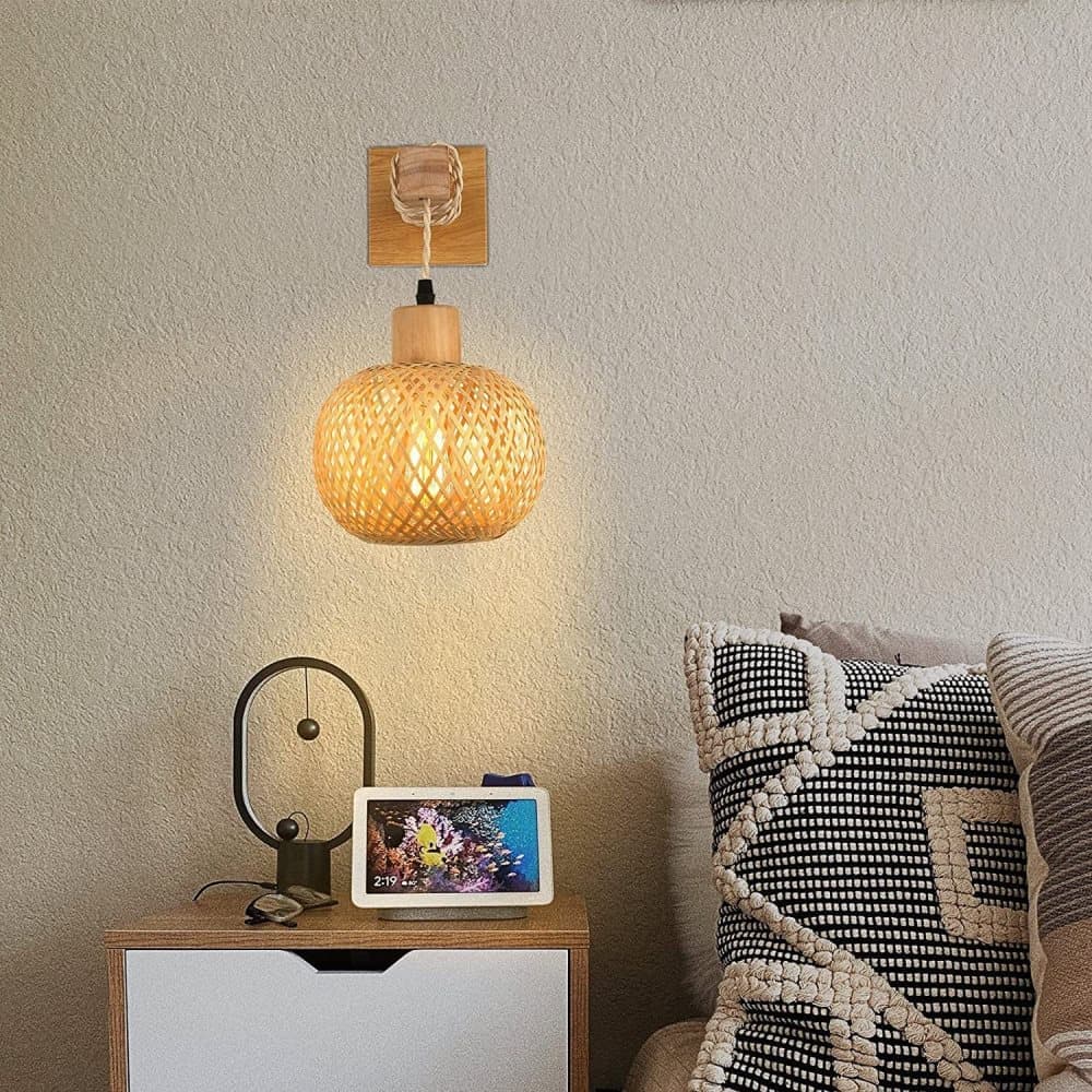 Bamboo wall lamp with lantern shape hand-woven lampshade, E26 lamp base, compatible with bedrooms and living rooms