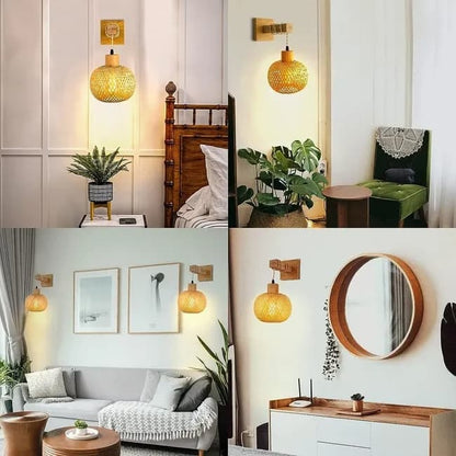 Bamboo wall lamp with lantern shape hand-woven lampshade, E26 lamp base, compatible with bedrooms and living rooms