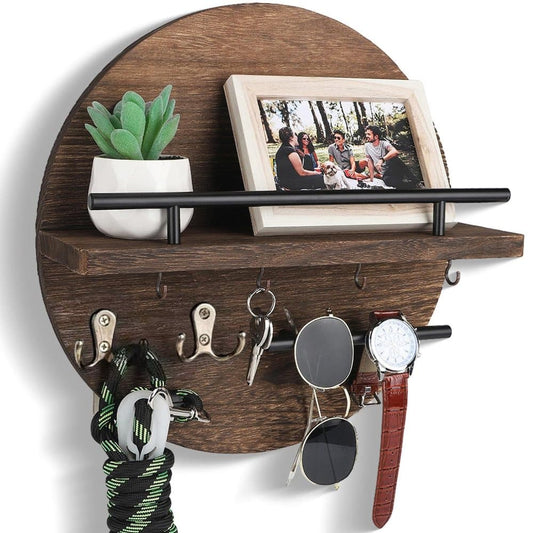 Wooden Key Holder with Storage Tray and Hooks for Hallway Corridor Bedroom Office, Brown