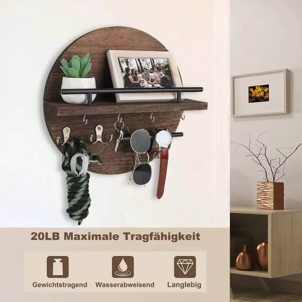 Wooden Key Holder with Storage Tray and Hooks for Hallway Corridor Bedroom Office, Brown