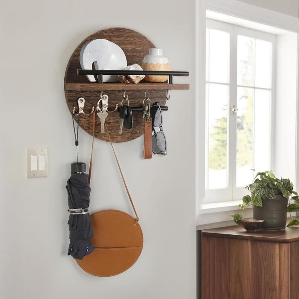 Wooden Key Holder with Storage Tray and Hooks for Hallway Corridor Bedroom Office, Brown