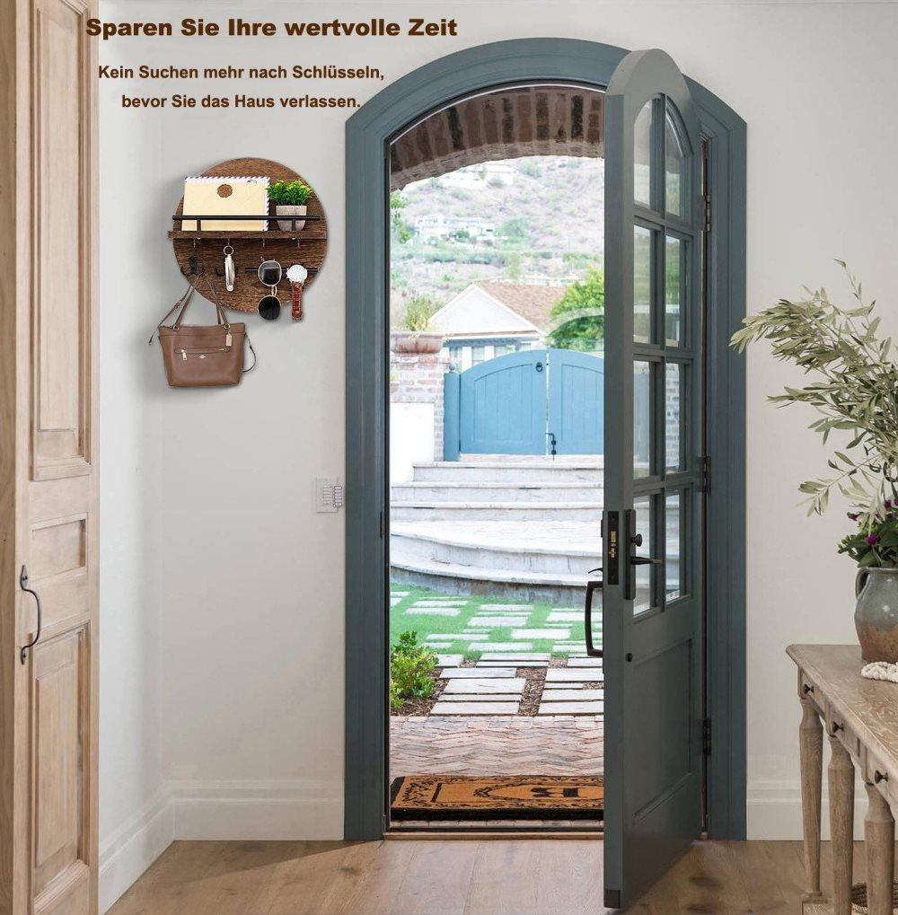 Wooden Key Holder with Storage Tray and Hooks for Hallway Corridor Bedroom Office, Brown