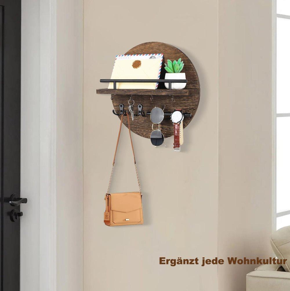 Wooden Key Holder with Storage Tray and Hooks for Hallway Corridor Bedroom Office, Brown