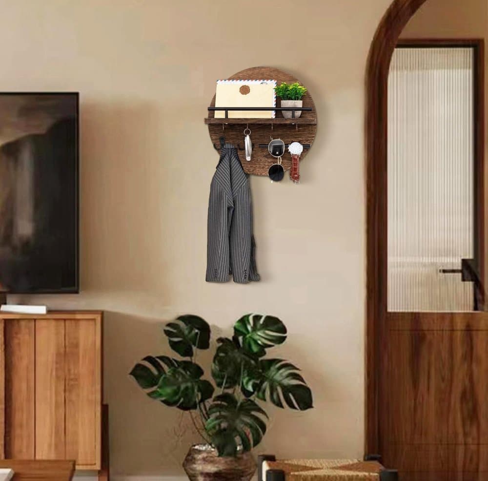 Wooden Key Holder with Storage Tray and Hooks for Hallway Corridor Bedroom Office, Brown