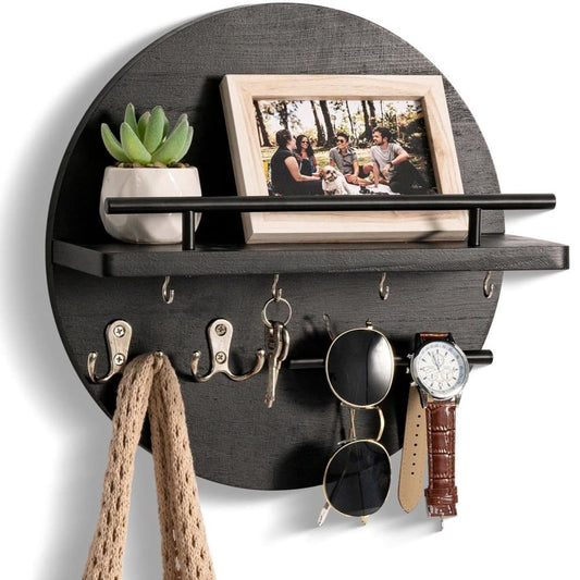 Wooden Key Holder with Storage Tray and Hooks for Hallway Corridor Bedroom Office, Black