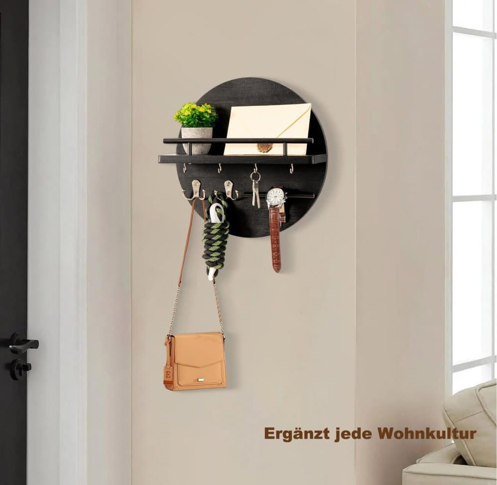 Wooden Key Holder with Storage Tray and Hooks for Hallway Corridor Bedroom Office, Black