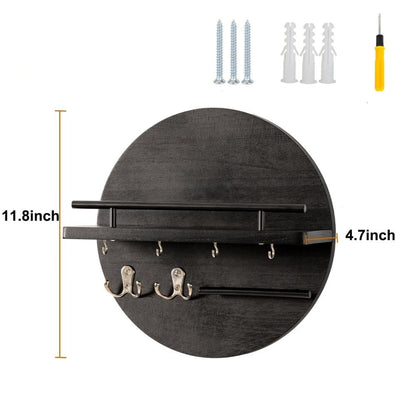 Wooden Key Holder with Storage Tray and Hooks for Hallway Corridor Bedroom Office, Black