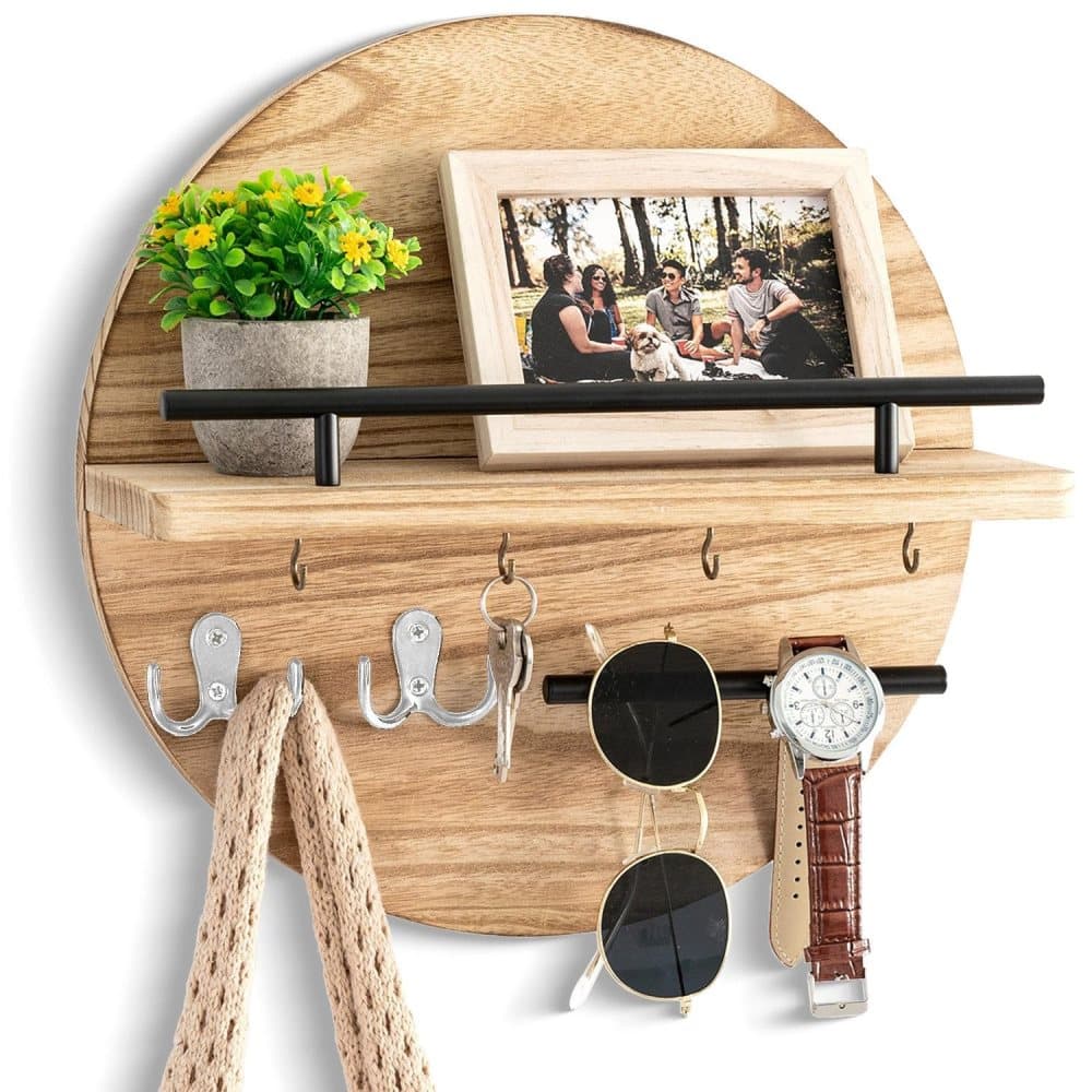Wooden Key Holder with Storage Tray and Hooks for Hallway Corridor Bedroom Office, Light Brown