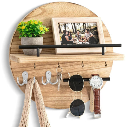 Wooden Key Holder with Storage Tray and Hooks for Hallway Corridor Bedroom Office, Light Brown
