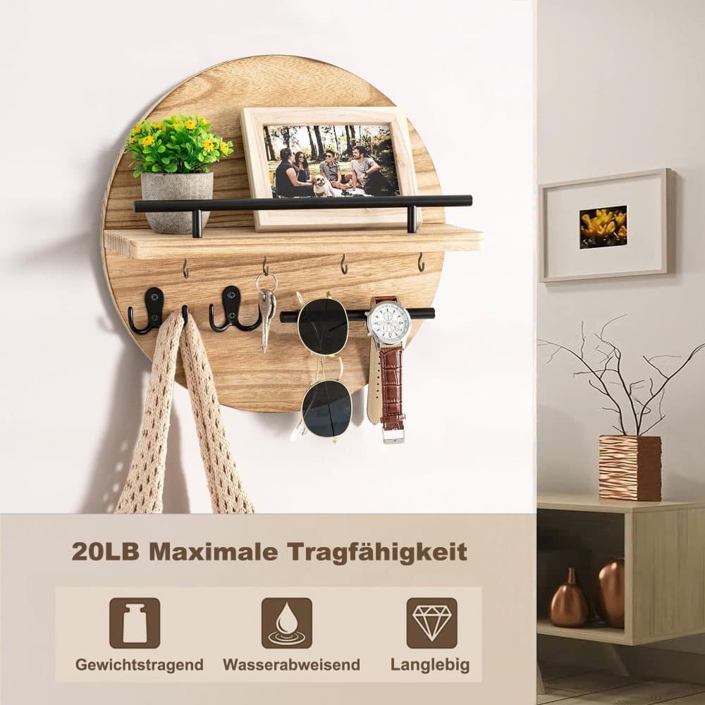 Wooden Key Holder with Storage Tray and Hooks for Hallway Corridor Bedroom Office, Light Brown