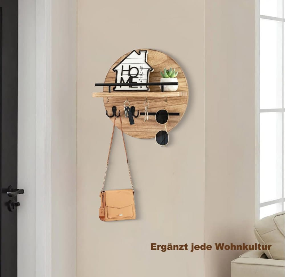 Wooden Key Holder with Storage Tray and Hooks for Hallway Corridor Bedroom Office, Light Brown