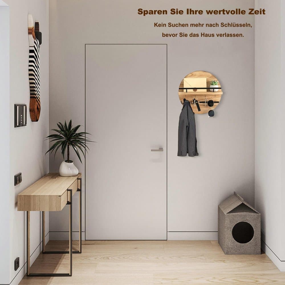 Wooden Key Holder with Storage Tray and Hooks for Hallway Corridor Bedroom Office, Light Brown