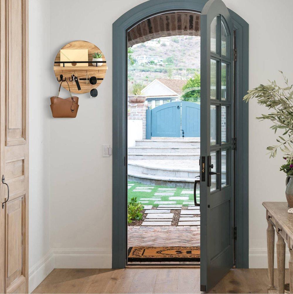 Wooden Key Holder with Storage Tray and Hooks for Hallway Corridor Bedroom Office, Light Brown