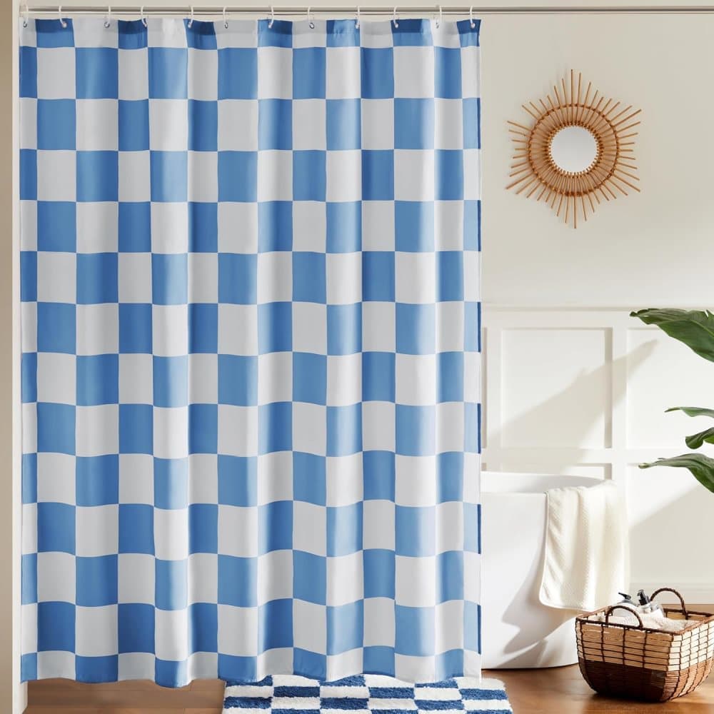 Checkered Shower Curtain, Retro Chess Pattern Vintage Aesthetics for Bathroom, Blue, 180x180 cm