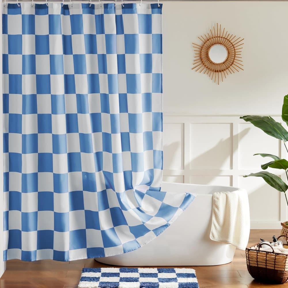 Checkered Shower Curtain, Retro Chess Pattern Vintage Aesthetics for Bathroom, Blue, 180x180 cm