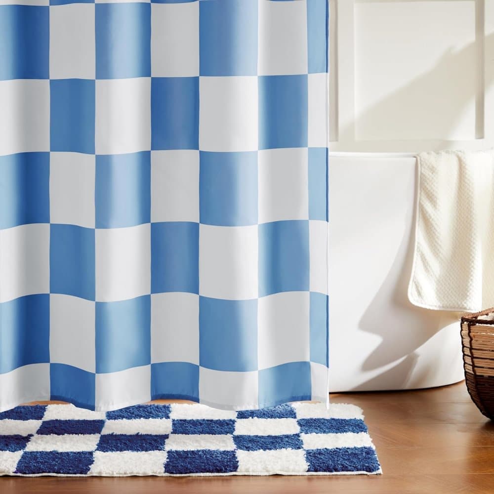 Checkered Shower Curtain, Retro Chess Pattern Vintage Aesthetics for Bathroom, Blue, 180x180 cm