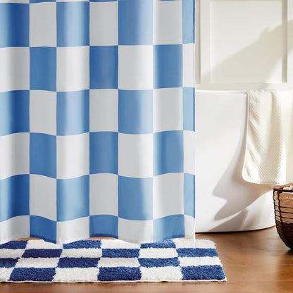 Checkered Shower Curtain, Retro Chess Pattern Vintage Aesthetics for Bathroom, Blue, 180x180 cm