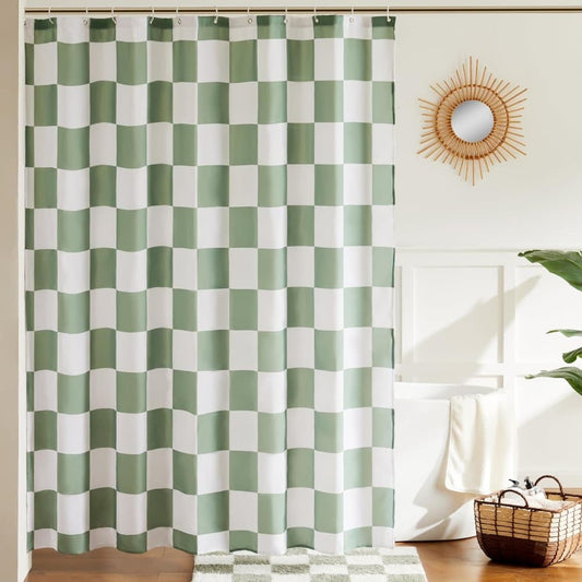 Green Checkered Shower Curtain with Retro Chess Pattern, 180x180 cm