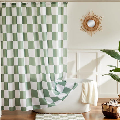 Green Checkered Shower Curtain with Retro Chess Pattern, 180x180 cm
