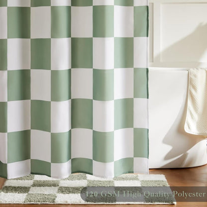 Green Checkered Shower Curtain with Retro Chess Pattern, 180x180 cm