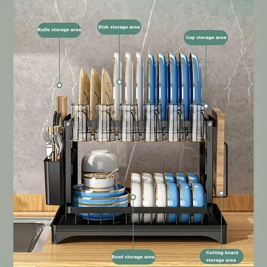 2-Tier Sink Rack with Utensil Holder and Drip Tray, Black, for Kitchen Sink Drain
