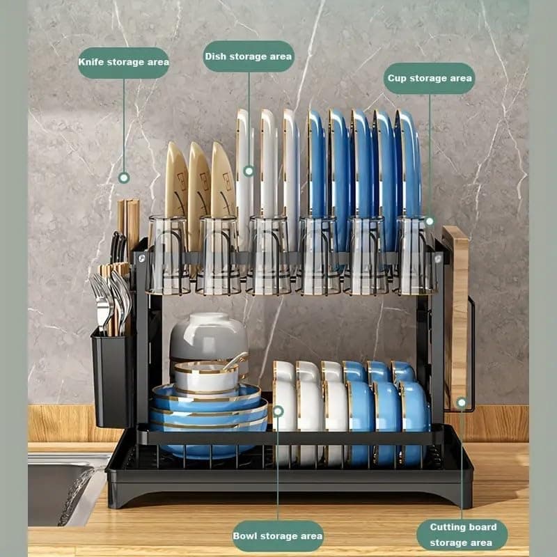 2-Tier Sink Rack with Utensil Holder and Drip Tray, Black, for Kitchen Sink Drain