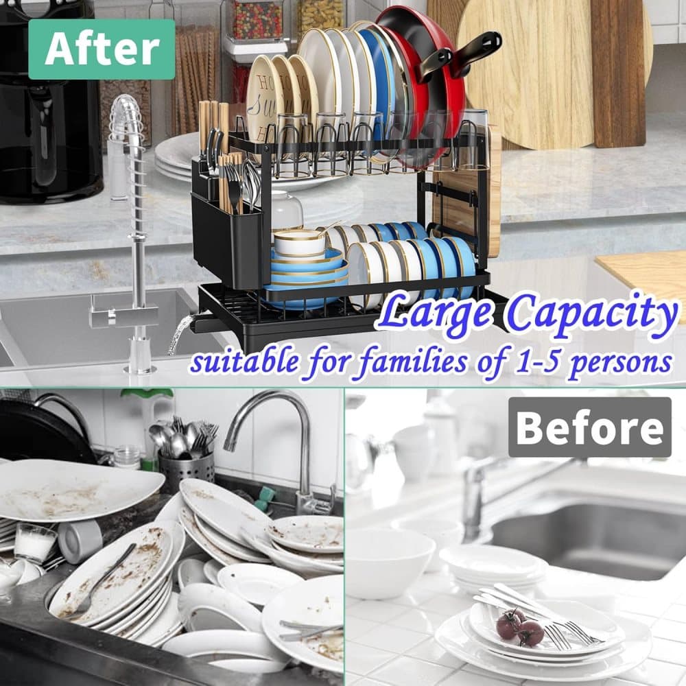 2-Tier Sink Rack with Utensil Holder and Drip Tray, Black, for Kitchen Sink Drain