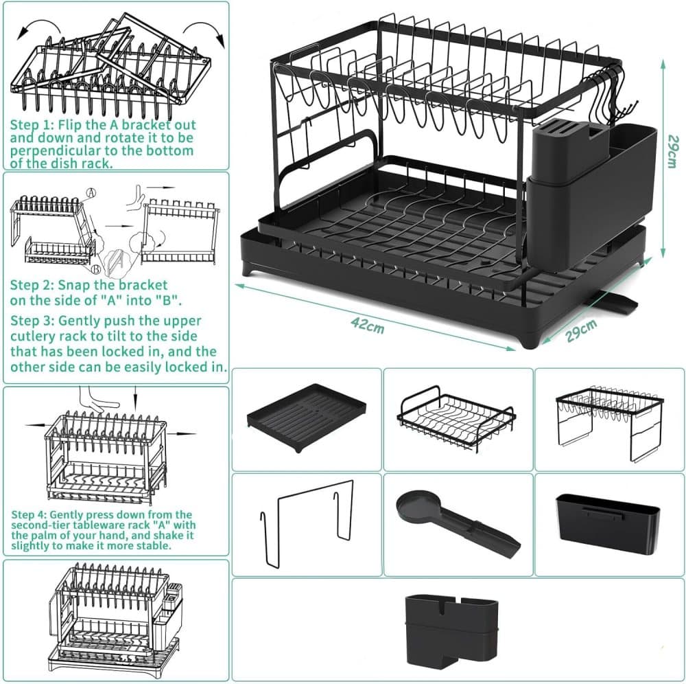 2-Tier Sink Rack with Utensil Holder and Drip Tray, Black, for Kitchen Sink Drain