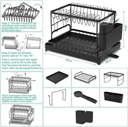 2-Tier Sink Rack with Utensil Holder and Drip Tray, Black, for Kitchen Sink Drain