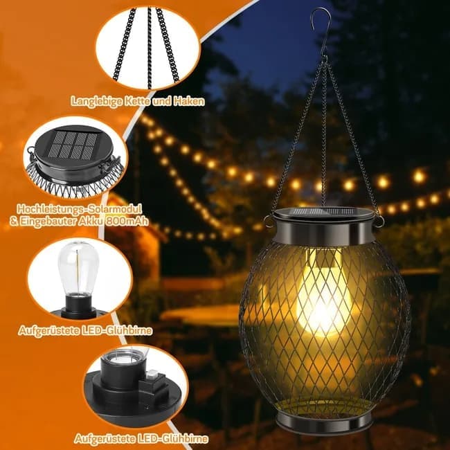 Solar Powered LED Outdoor Lantern with Solar Panel, IP65 Waterproof, for Garden Patio, Compatible with Outdoor Environments