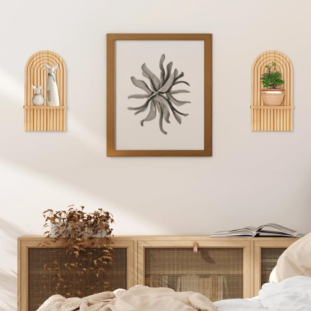 2 Bohemian Style Wooden Wall Shelves with Expander Bolts, Compatible with Living Rooms Bedrooms Kitchens, Brown