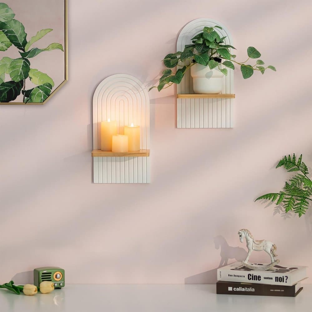 2-Pack Bohemian Style Wooden Wall Shelves with Expander Bolts, White, Compatible with Living Rooms Bedrooms Kitchens