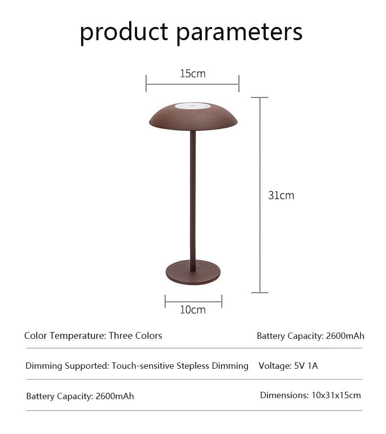 Rechargeable LED Table Lamp 2600mAh Wireless Portable Adjustable Brightness Bedside Light, Brown