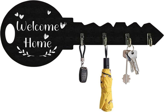 4-Hook Key-Shaped MDF Wall Key Rack, Black Welcome Home Coat and Bag Organizer, 29.5 x 12 cm