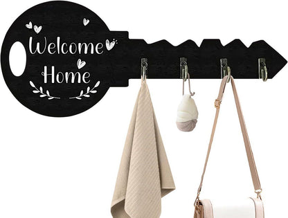 4-Hook Key-Shaped MDF Wall Key Rack, Black Welcome Home Coat and Bag Organizer, 29.5 x 12 cm