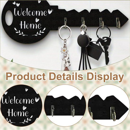 4-Hook Key-Shaped MDF Wall Key Rack, Black Welcome Home Coat and Bag Organizer, 29.5 x 12 cm