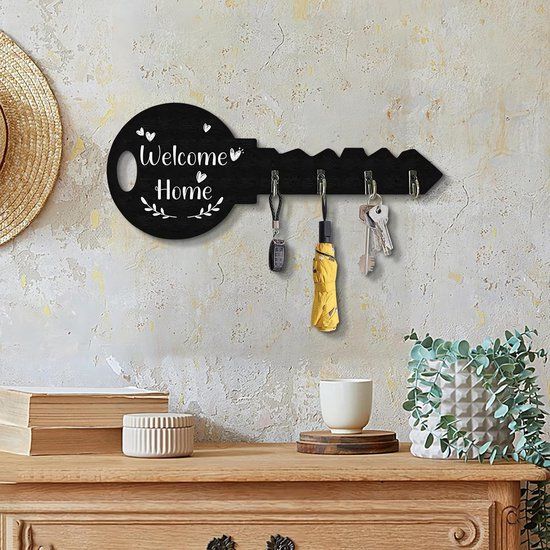 4-Hook Key-Shaped MDF Wall Key Rack, Black Welcome Home Coat and Bag Organizer, 29.5 x 12 cm