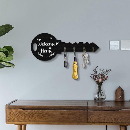 4-Hook Key-Shaped MDF Wall Key Rack, Black Welcome Home Coat and Bag Organizer, 29.5 x 12 cm