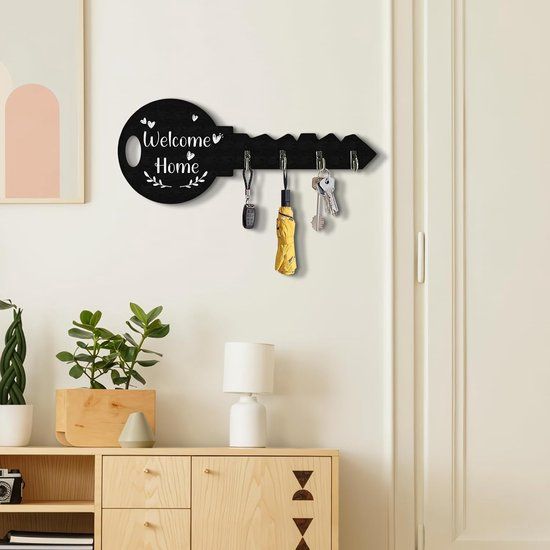 4-Hook Key-Shaped MDF Wall Key Rack, Black Welcome Home Coat and Bag Organizer, 29.5 x 12 cm