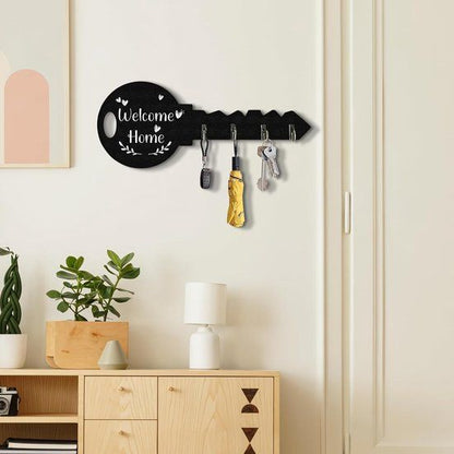 4-Hook Key-Shaped MDF Wall Key Rack, Black Welcome Home Coat and Bag Organizer, 29.5 x 12 cm