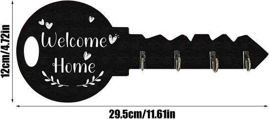 4-Hook Key-Shaped MDF Wall Key Rack, Black Welcome Home Coat and Bag Organizer, 29.5 x 12 cm